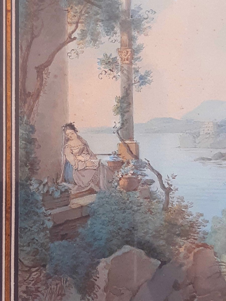 Claude Thiénon (Paris 1772 – 1846) Dessin à l'Aquarelle Jeune Femme à La Lecture Près d'Un Lac italien-photo-2