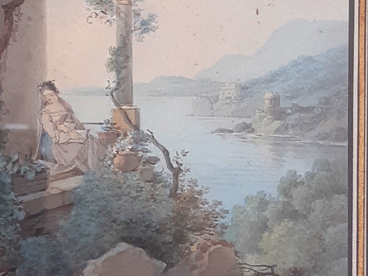 Claude Thiénon (Paris 1772 – 1846) Dessin à l'Aquarelle Jeune Femme à La Lecture Près d'Un Lac italien-photo-1