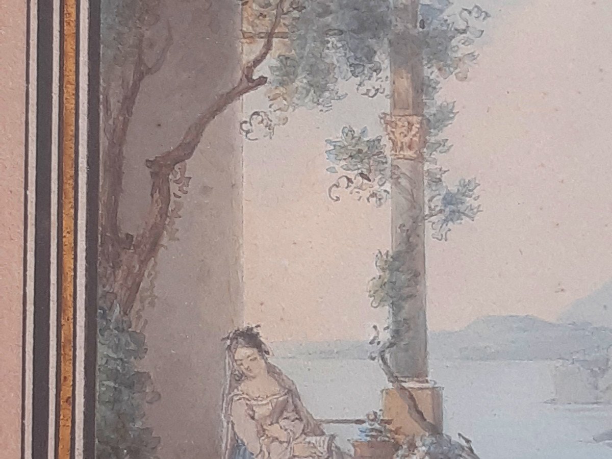 Claude Thiénon (Paris 1772 – 1846) Dessin à l'Aquarelle Jeune Femme à La Lecture Près d'Un Lac italien-photo-4