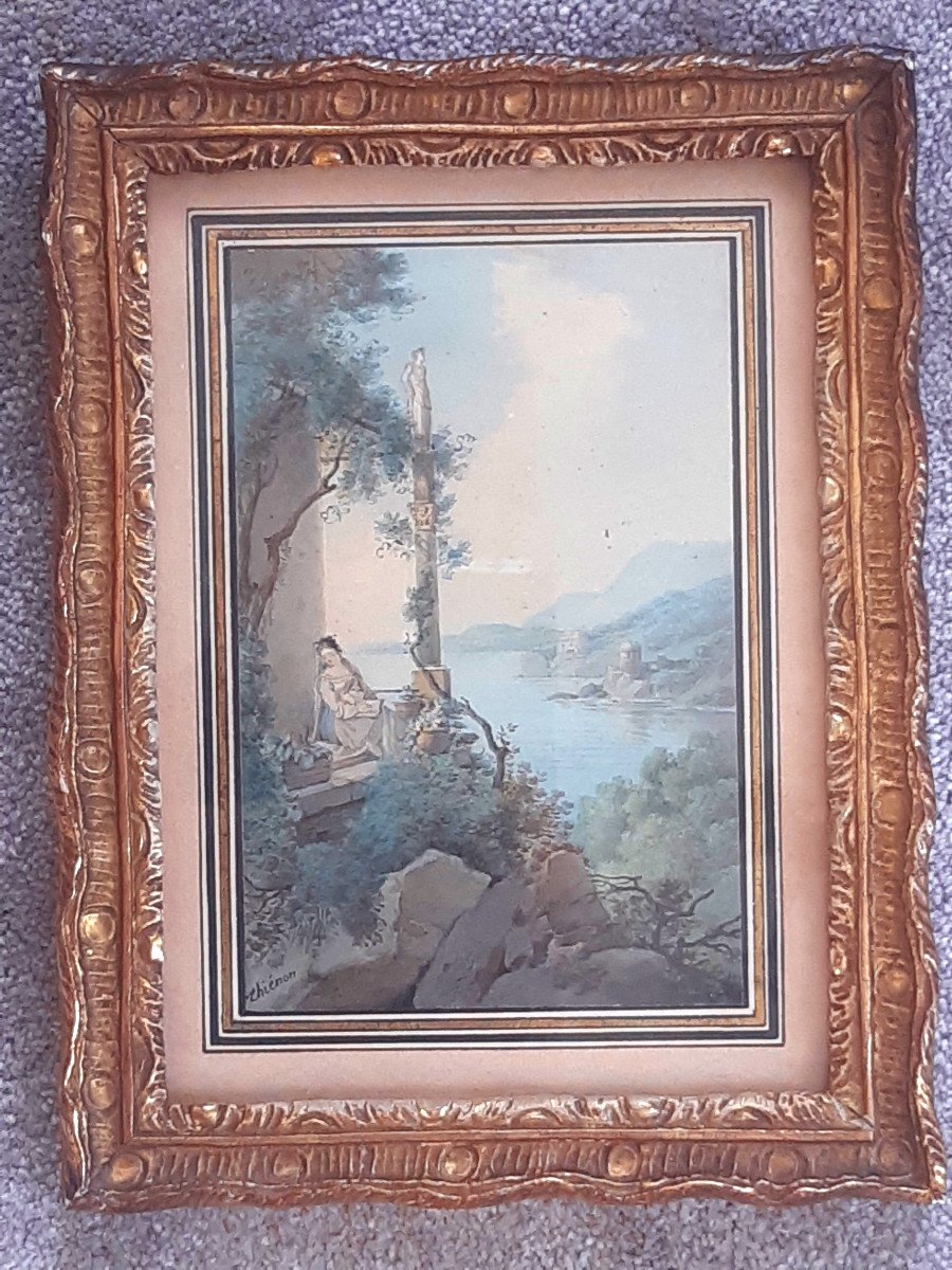 Claude Thiénon (Paris 1772 – 1846) Dessin à l'Aquarelle Jeune Femme à La Lecture Près d'Un Lac italien