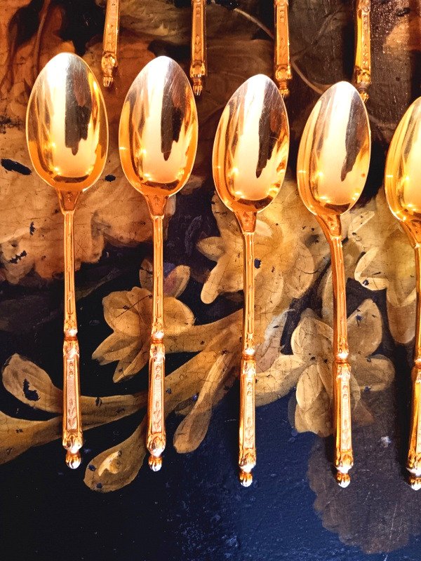 Suite Of 12 “russian Style” Dessert Cake Tea Spoons In Golden Metal-photo-3