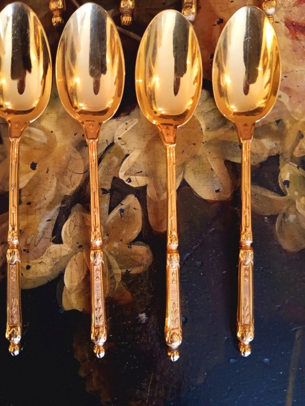 Suite Of 12 “russian Style” Dessert Cake Tea Spoons In Golden Metal-photo-4