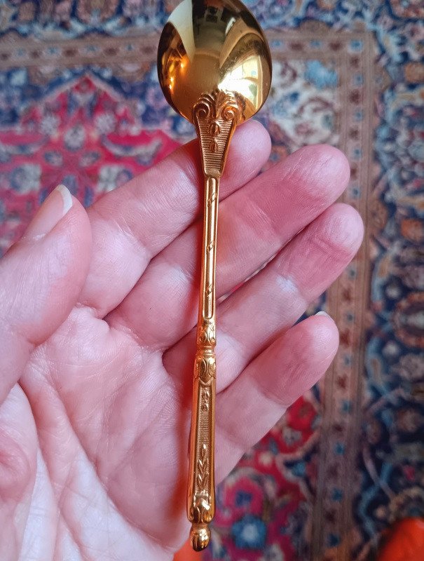 Suite Of 12 “russian Style” Dessert Cake Tea Spoons In Golden Metal-photo-6