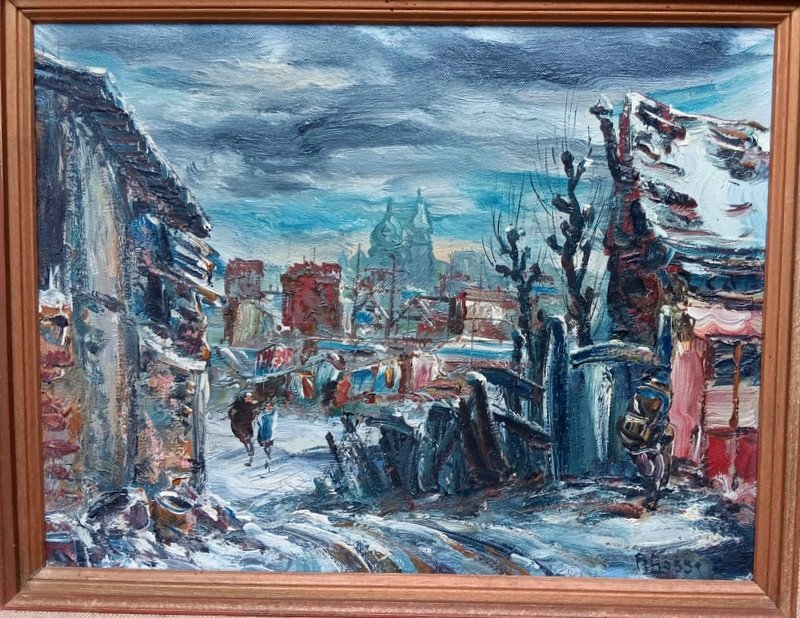 Raymond Besse (1899 - 1969) Belle Huile Sur Toile Tableau " La Zone " Sous La Neige En Hiver Paris Le Sacré Coeur-photo-2