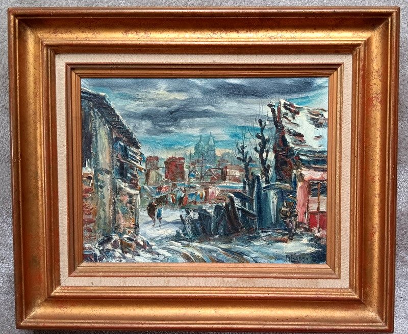 Raymond Besse (1899 - 1969) Belle Huile Sur Toile Tableau " La Zone " Sous La Neige En Hiver Paris Le Sacré Coeur