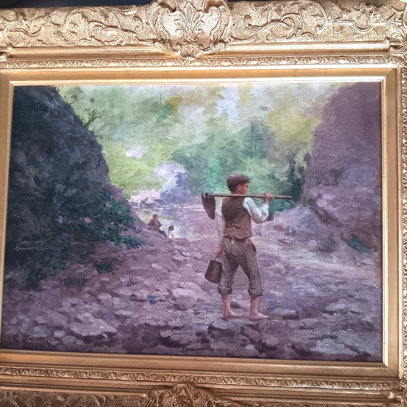 Giuseppe Zanazio (1855-1924) Huile Sur Toile Peinture Tableau Enfant Jeune Paysan à La Bêche-photo-2