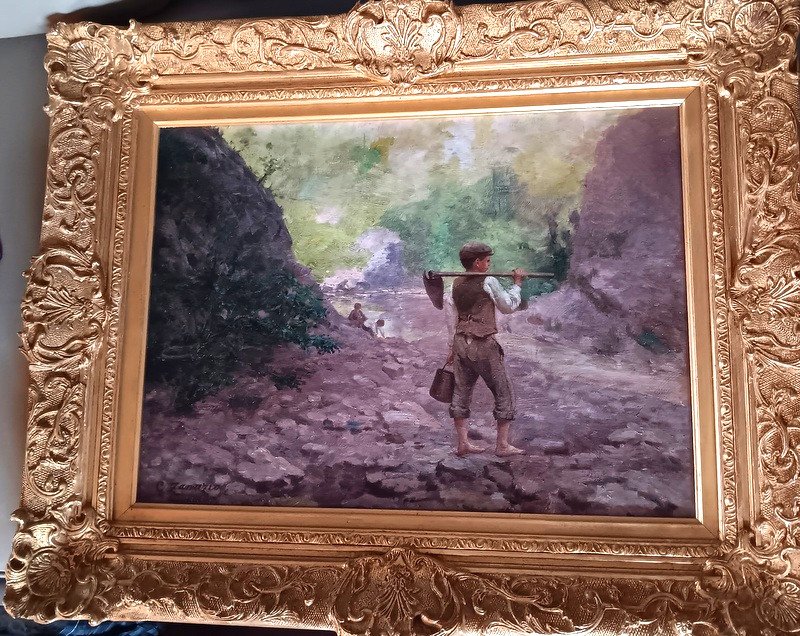 Giuseppe Zanazio (1855-1924) Huile Sur Toile Peinture Tableau Enfant Jeune Paysan à La Bêche-photo-3