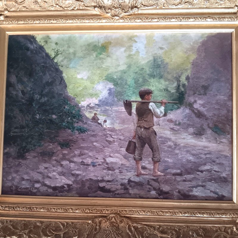 Giuseppe Zanazio (1855-1924) Huile Sur Toile Peinture Tableau Enfant Jeune Paysan à La Bêche-photo-4