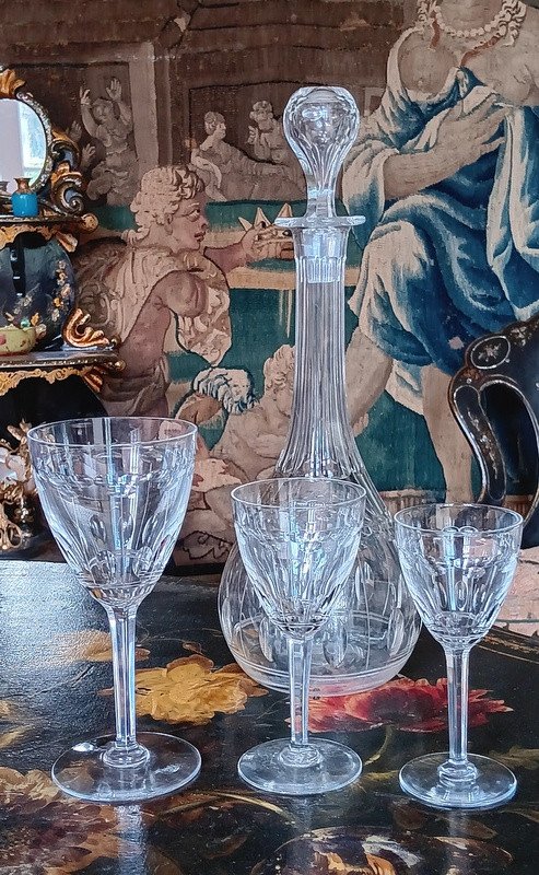 Val Saint Lambert Service de 32 verres et une carafe En Cristal Taillé Nestor écaille Et Olive -photo-1