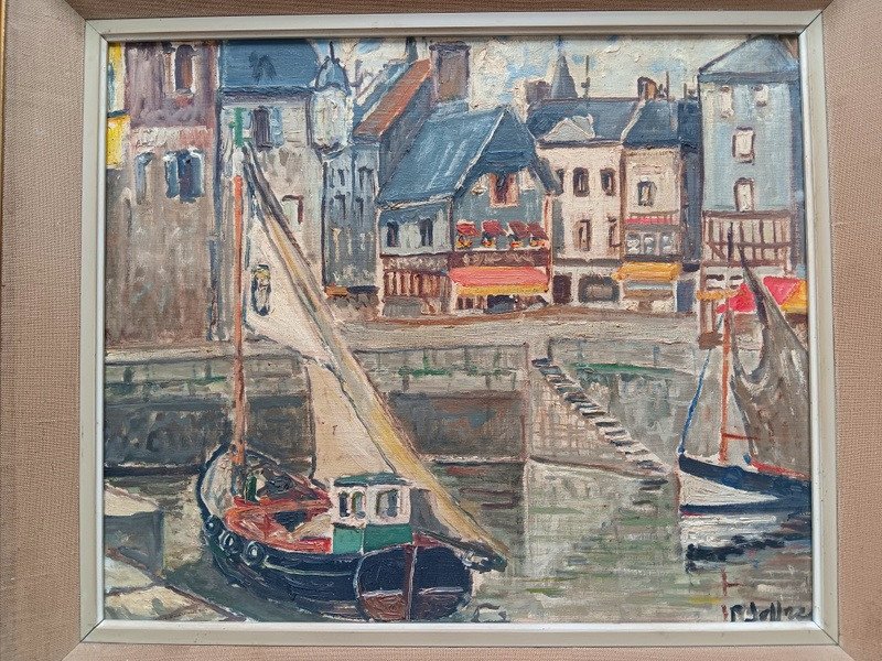 Beautiful View Of The Port Of Honfleur With Boat Oil On Canvas Painting Art Deco Period-photo-2