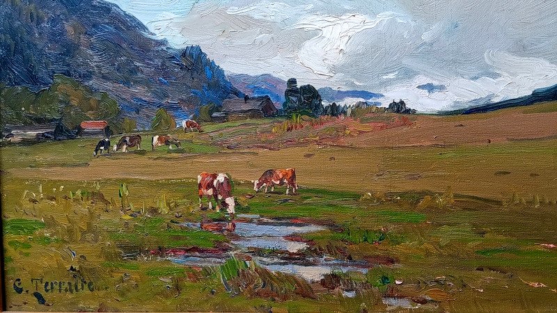Clovis Terraire (1858-1931) Pasture In Saint Jean De Sixt Hautes Alpes Savoie Snowy Landscape Aravis Ridge Oil On Canvas Painting-photo-2