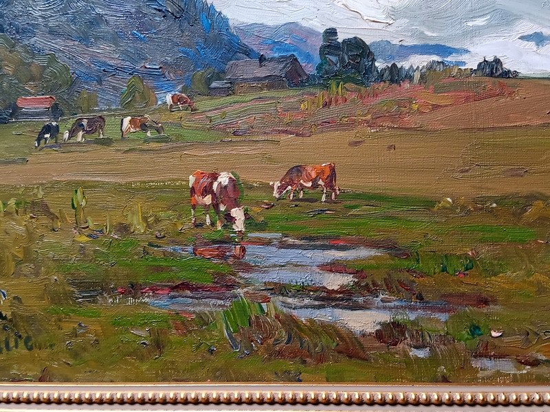 Clovis Terraire (1858-1931) Pasture In Saint Jean De Sixt Hautes Alpes Savoie Snowy Landscape Aravis Ridge Oil On Canvas Painting-photo-3