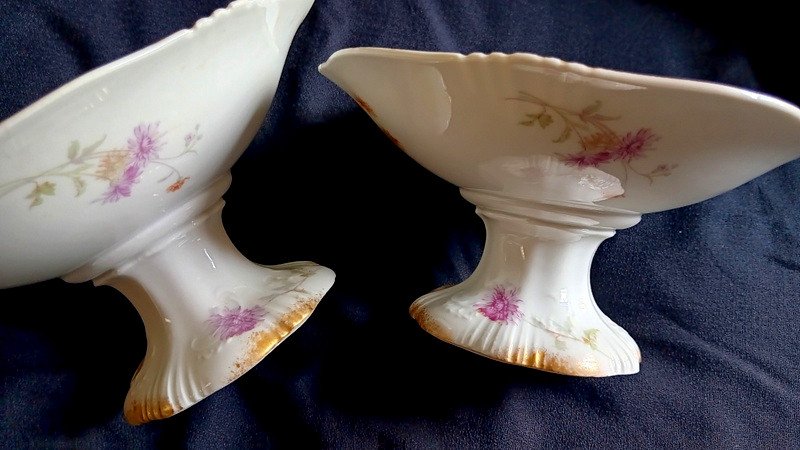 Pair Of Compotiers Drageoirs Porcelain Cups Plates Hache In Vierzon Limoges Art Nouveau Flowers And Gold-photo-4