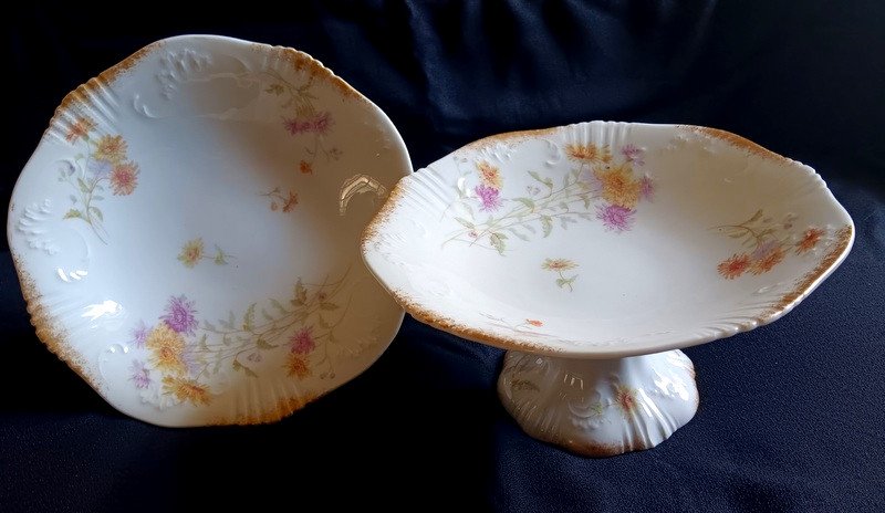 Pair Of Compotiers Drageoirs Porcelain Cups Plates Hache In Vierzon Limoges Art Nouveau Flowers And Gold