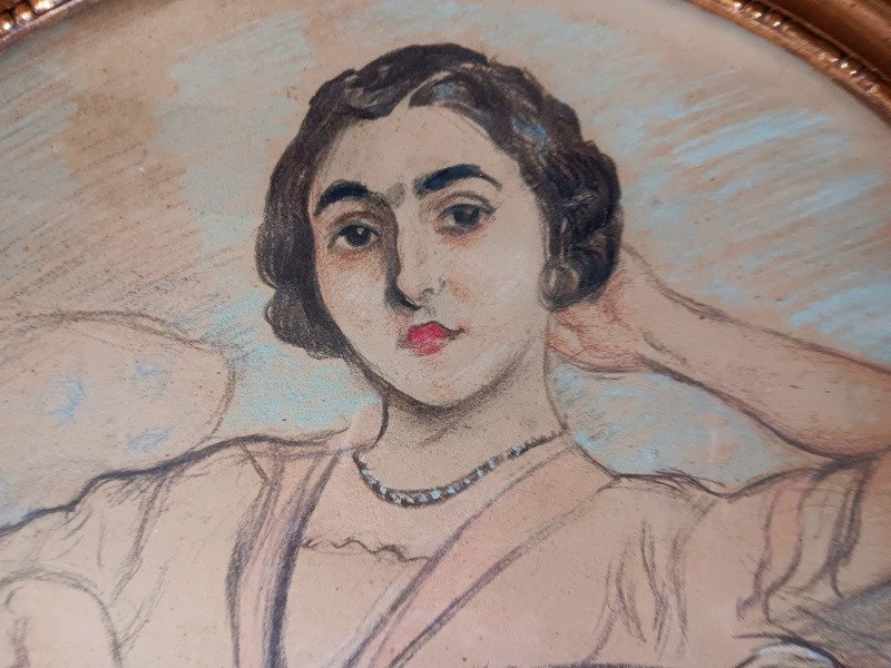 Tancrède Synave (1860-1936) Portrait Jeune Femme Et Son Chien Dessin Pastel Art nouveau déco-photo-2