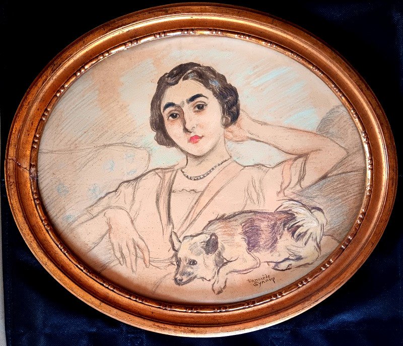 Tancrède Synave (1860-1936) Portrait Jeune Femme Et Son Chien Dessin Pastel Art nouveau déco-photo-3