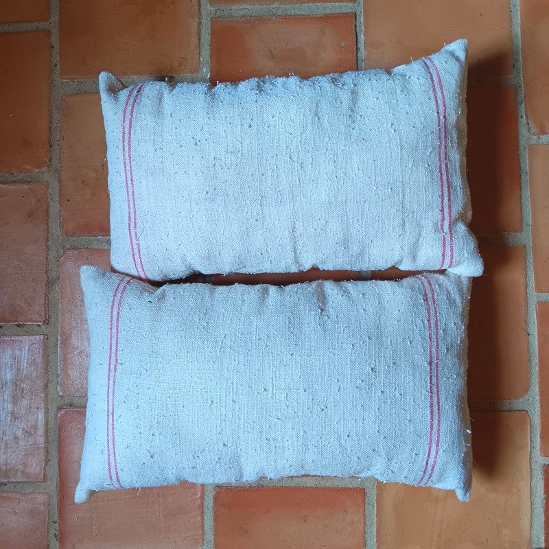 Rare Pair Of Provencal Cushions In Raw Hemp Linen Old New Condition-photo-2