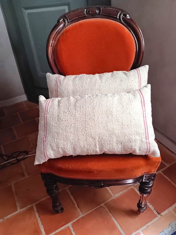 Rare Pair Of Provencal Cushions In Raw Hemp Linen Old New Condition-photo-4