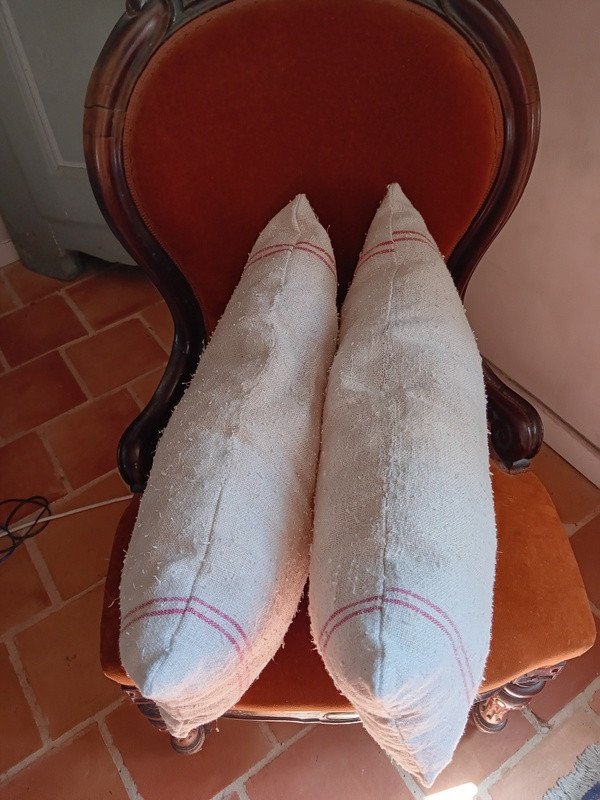 Rare Pair Of Provencal Cushions In Raw Hemp Linen Old New Condition-photo-3