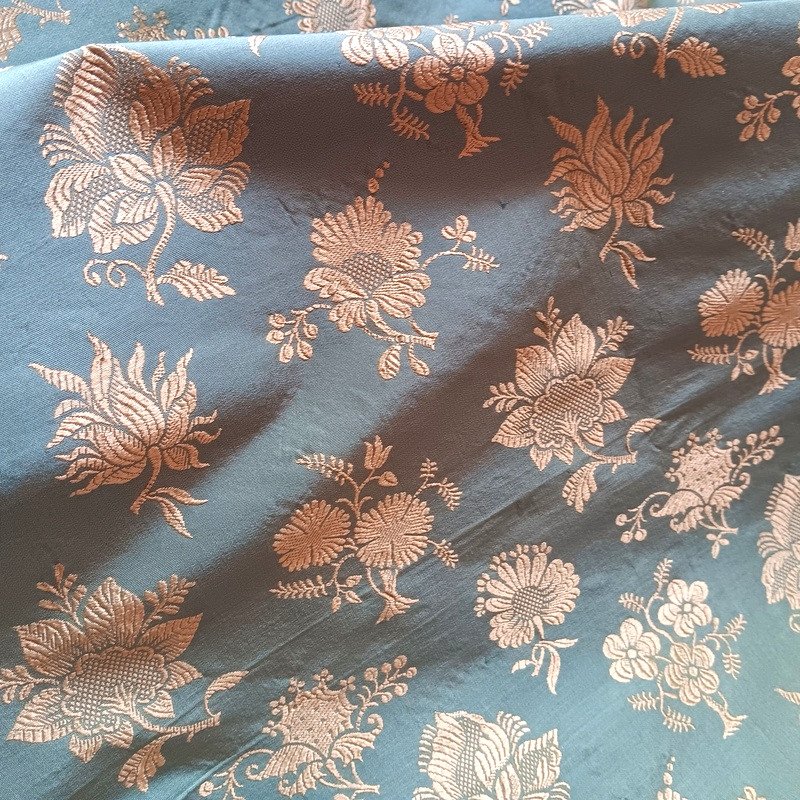 Piece Of Silk Brocade Fabric Floral Decorated Fabric Never Used-photo-1