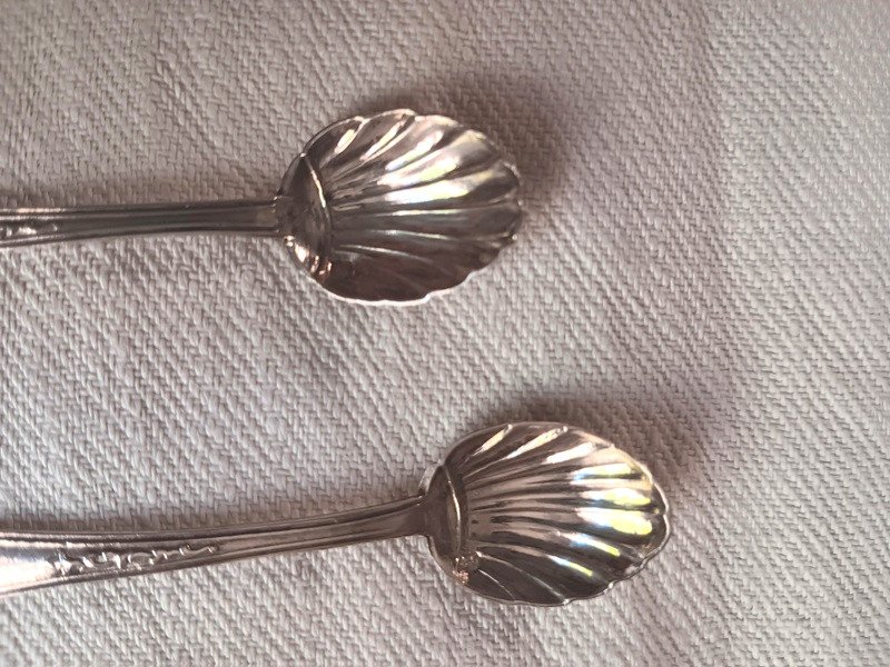 Pair Of Sterling Silver Shell Shaped Salt Scoops Spoons -photo-2