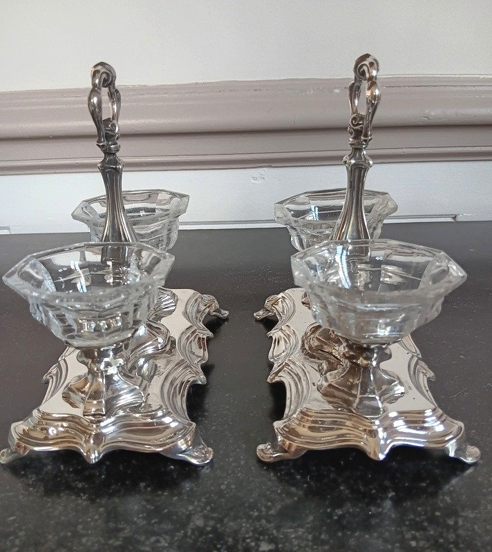 François Alphonse Debain Pair Of Double Salt Cellars In Silver And Cut Crystal-photo-3