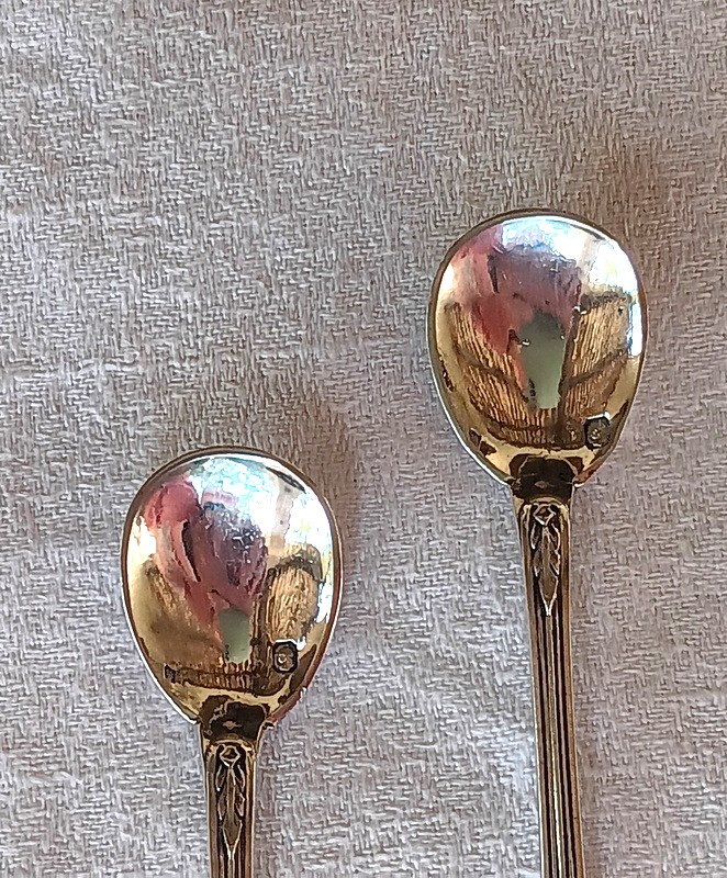 Pair Of Louis XVI Style Sterling Silver Medallion Salt Shovels Spoons-photo-3