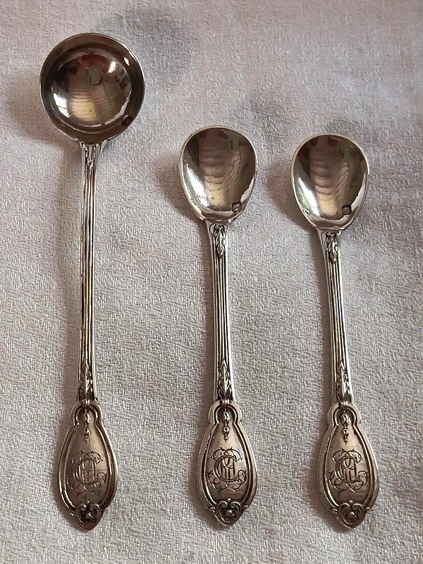 Pair Of Louis XVI Style Sterling Silver Medallion Salt Shovels Spoons-photo-3