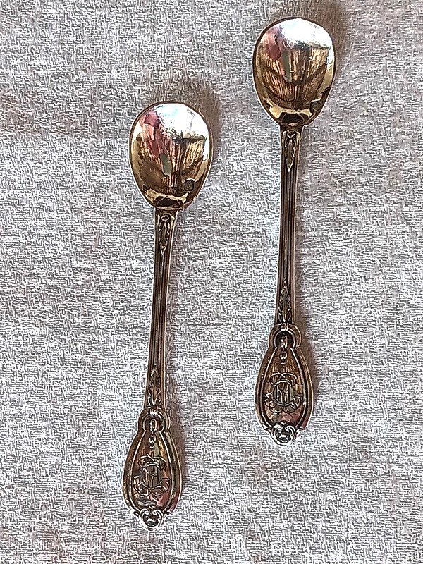 Pair Of Louis XVI Style Sterling Silver Medallion Salt Shovels Spoons