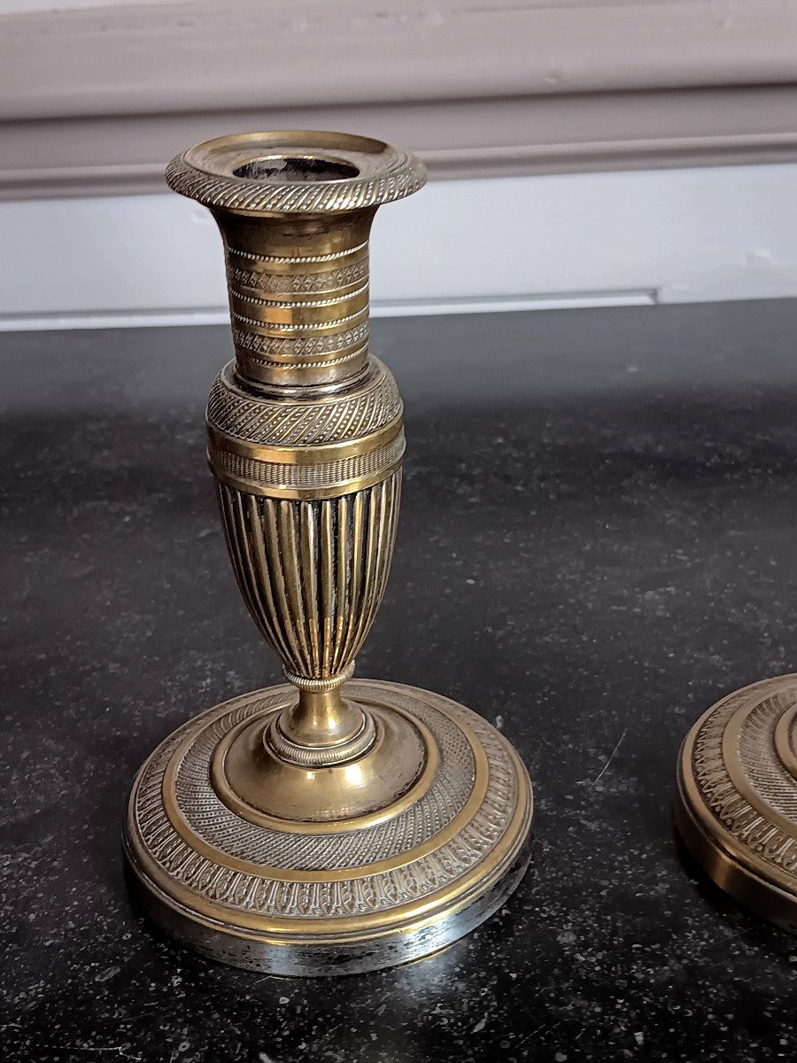 Pair Of Small Toilet Candlesticks Known As Ragots In Bronze, Restoration Period.-photo-1