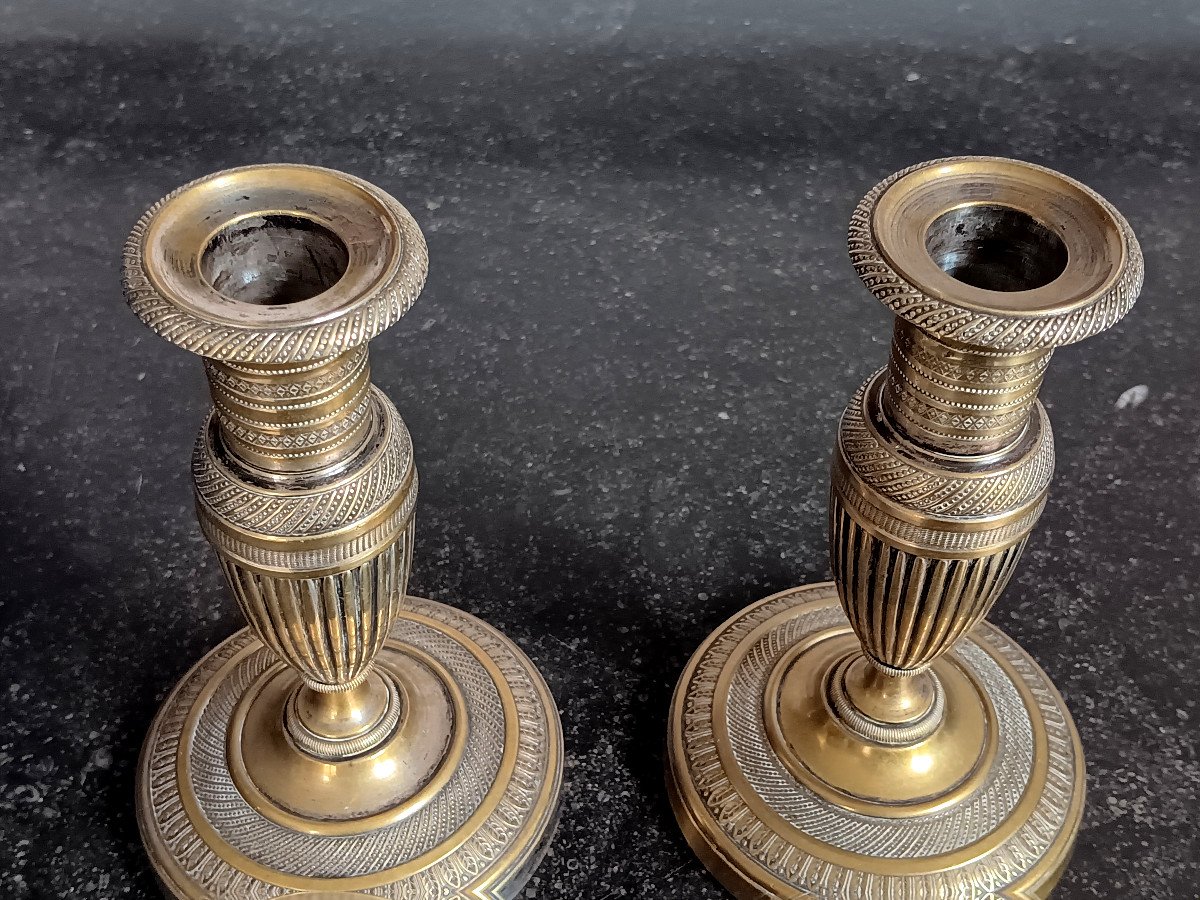 Pair Of Small Toilet Candlesticks Known As Ragots In Bronze, Restoration Period.-photo-2