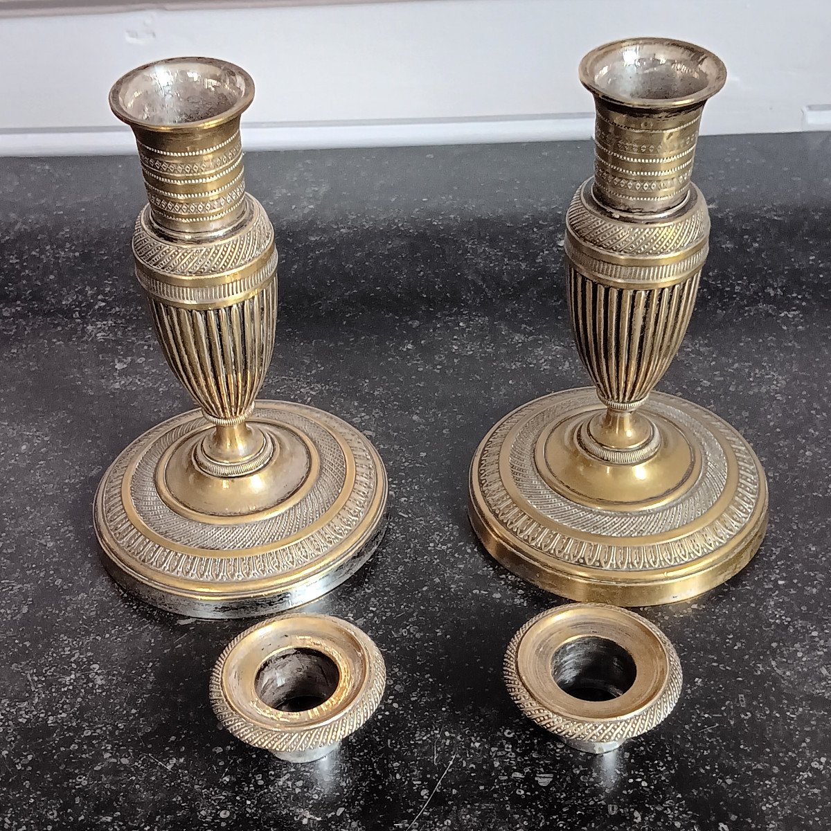 Pair Of Small Toilet Candlesticks Known As Ragots In Bronze, Restoration Period.-photo-6