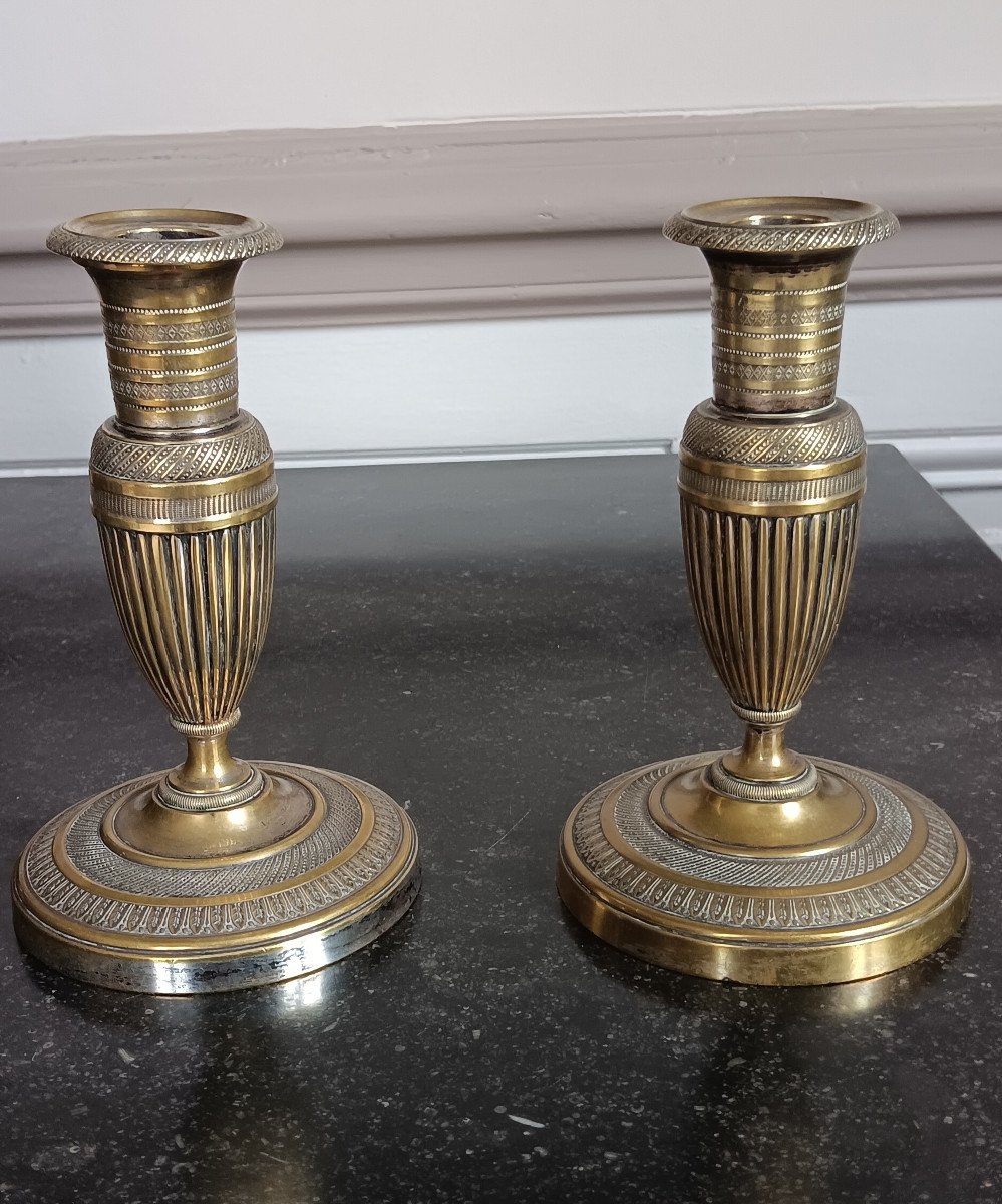 Pair Of Small Toilet Candlesticks Known As Ragots In Bronze, Restoration Period.