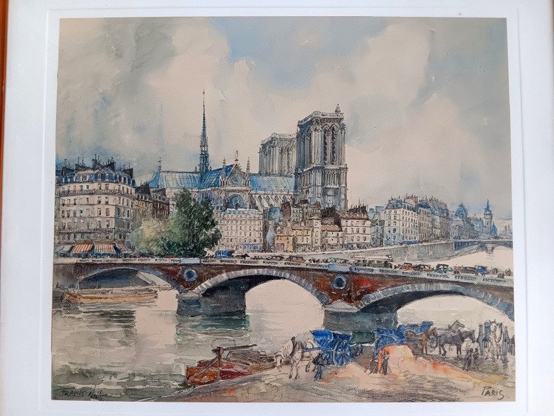 Frank Will (1900 - 1950) Watercolor Paris Notre-dame View From The Banks Of The Seine-photo-2