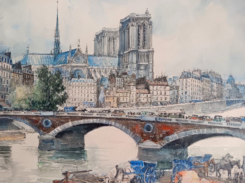 Frank Will (1900 - 1950) Watercolor Paris Notre-dame View From The Banks Of The Seine-photo-3