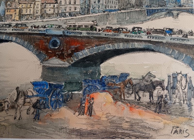 Frank Will (1900 - 1950) Watercolor Paris Notre-dame View From The Banks Of The Seine-photo-1