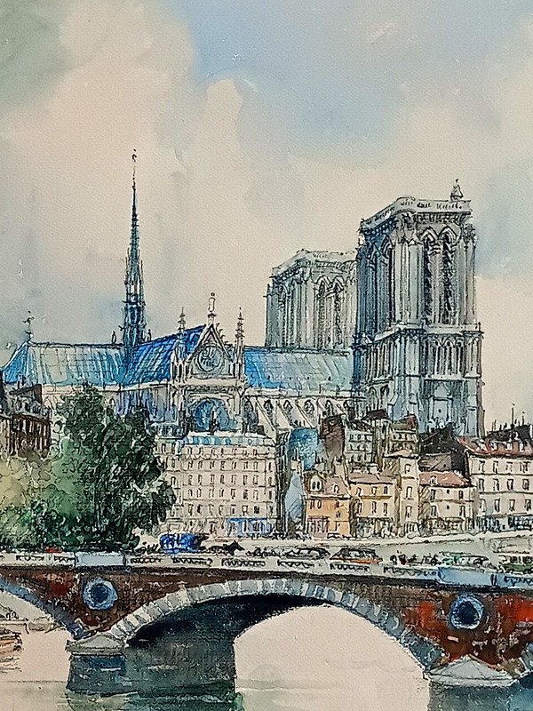 Frank Will (1900 - 1950) Watercolor Paris Notre-dame View From The Banks Of The Seine-photo-3