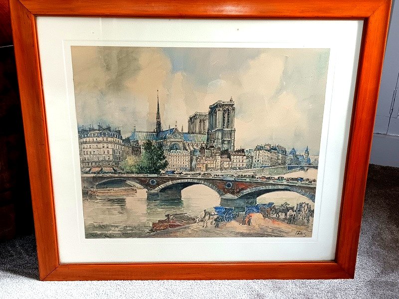 Frank Will (1900 - 1950) Watercolor Paris Notre-dame View From The Banks Of The Seine-photo-8