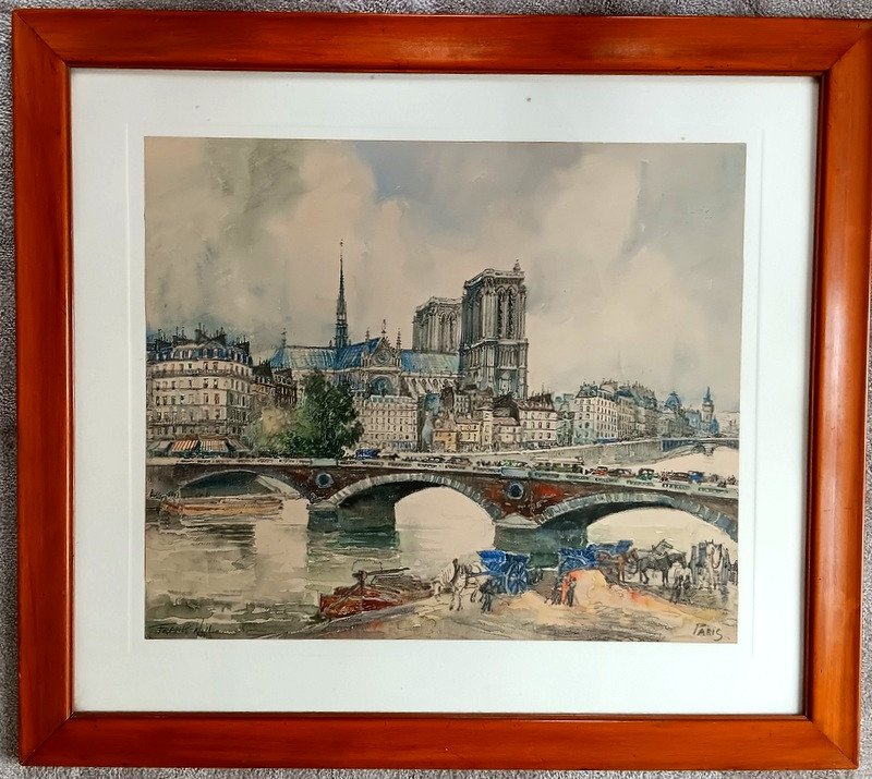 Frank Will (1900 - 1950) Watercolor Paris Notre-dame View From The Banks Of The Seine