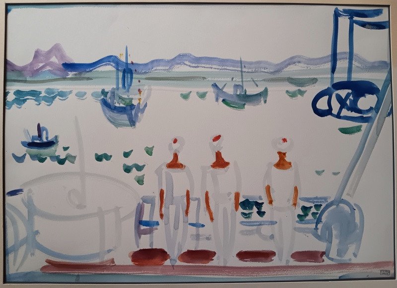  Jean Cluseau-lanauve (1914-1997) Large Watercolor Of Sailors At Sea On The Deck Of A Boat