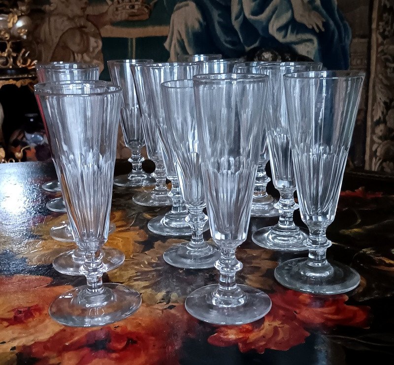 Beautiful Set Of 15 19th Century Blown Glass Champagne Flutes