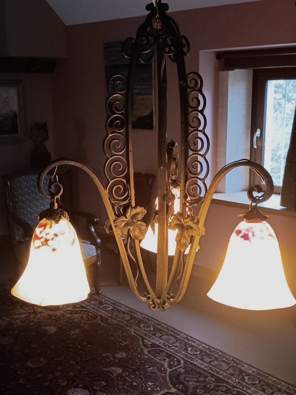 Daum Nancy Art Nouveau Wrought Iron And Tulip Pendant Chandelier -photo-1