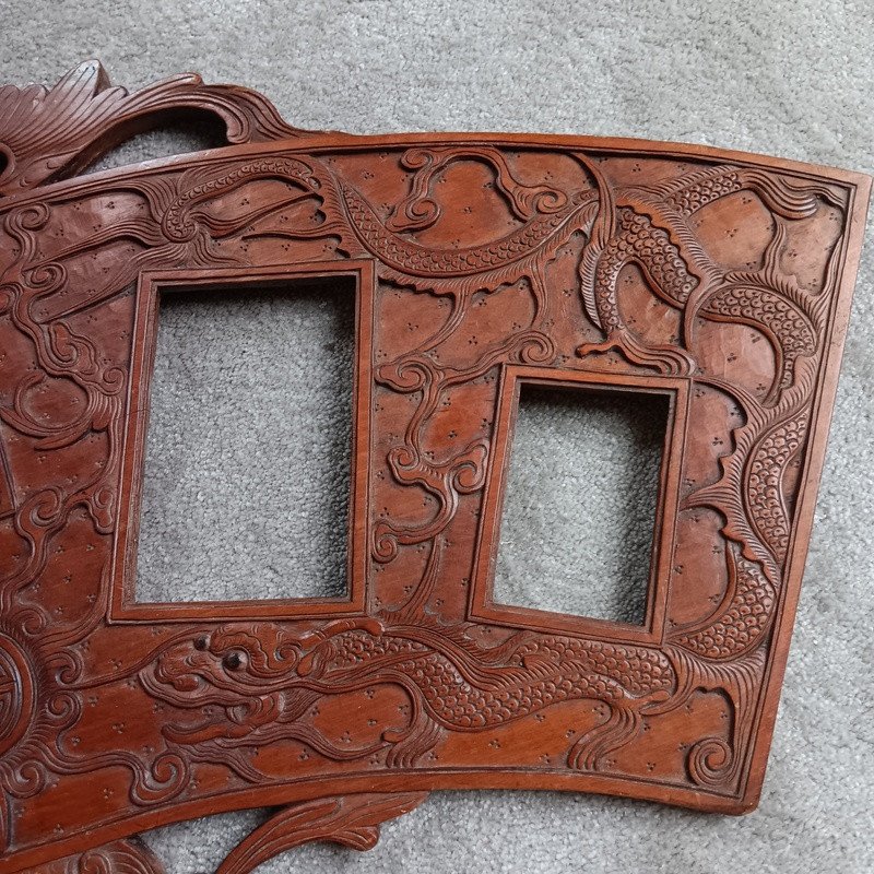 Large Antique Photo Frame Rosewood Carved With Two Dragons Indochina Vietnam-photo-4