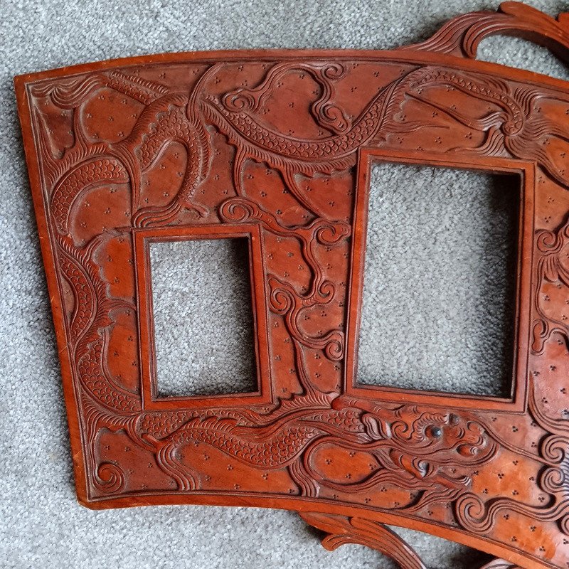 Large Antique Photo Frame Rosewood Carved With Two Dragons Indochina Vietnam-photo-1