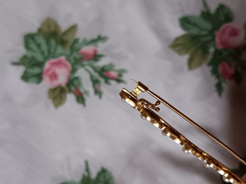 Delicate Barrette Brooch In 18 Carat Yellow Gold, Diamonds And Pearls 19th Century-photo-7