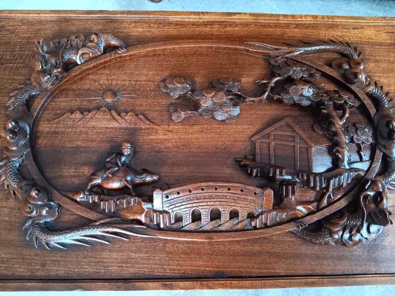 Asian Box Chest 2 Toba Dragons On Its Mule China Or Vietnam In Carved Wood 1900-photo-3