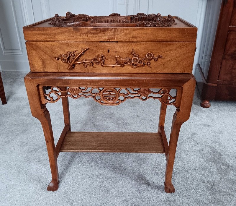 Asian Box Chest 2 Toba Dragons On Its Mule China Or Vietnam In Carved Wood 1900-photo-1