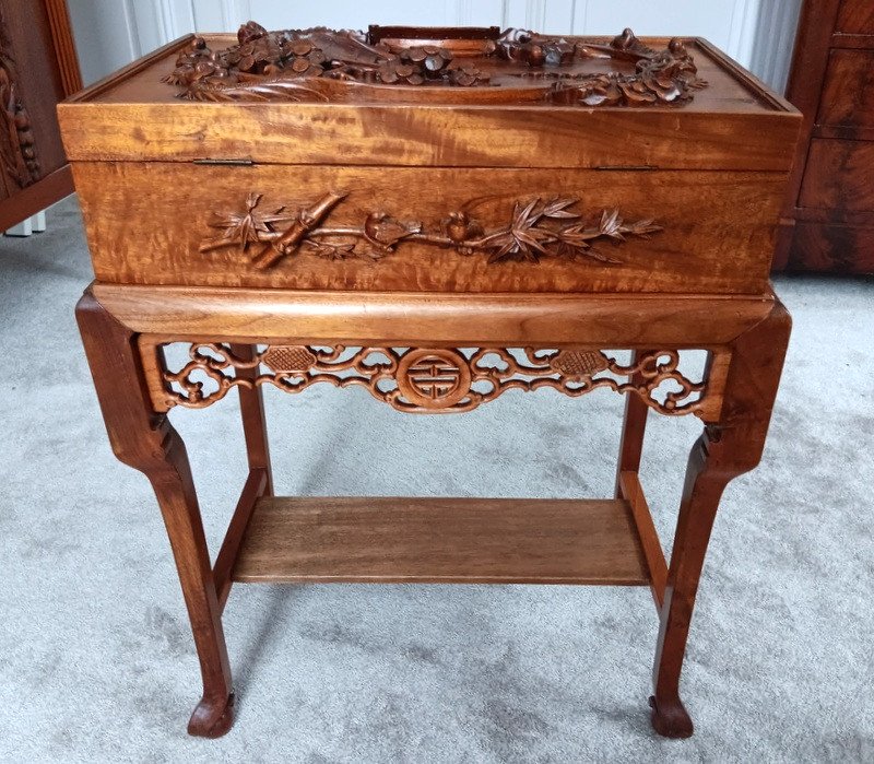 Asian Box Chest 2 Toba Dragons On Its Mule China Or Vietnam In Carved Wood 1900-photo-2