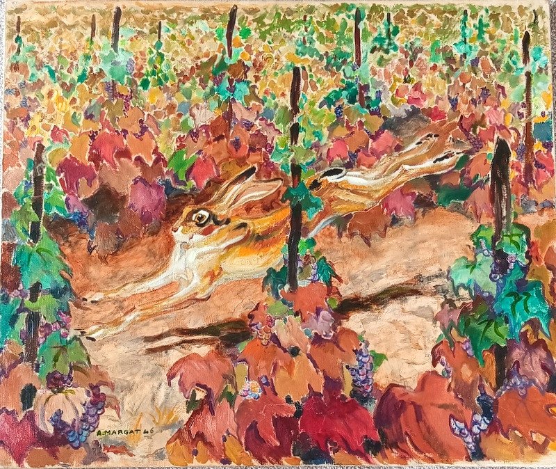 André Margat (1903-1997) Lièvre Dans Les Vignes Tableau Peinture