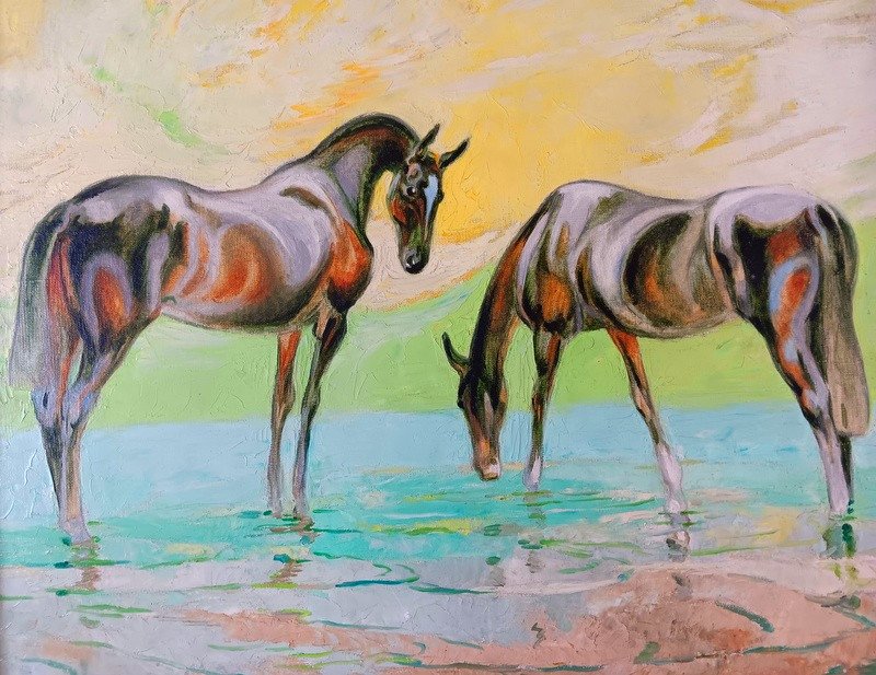 André Margat (1903-1997) Chevaux En Camargue Tableau Peinture-photo-1